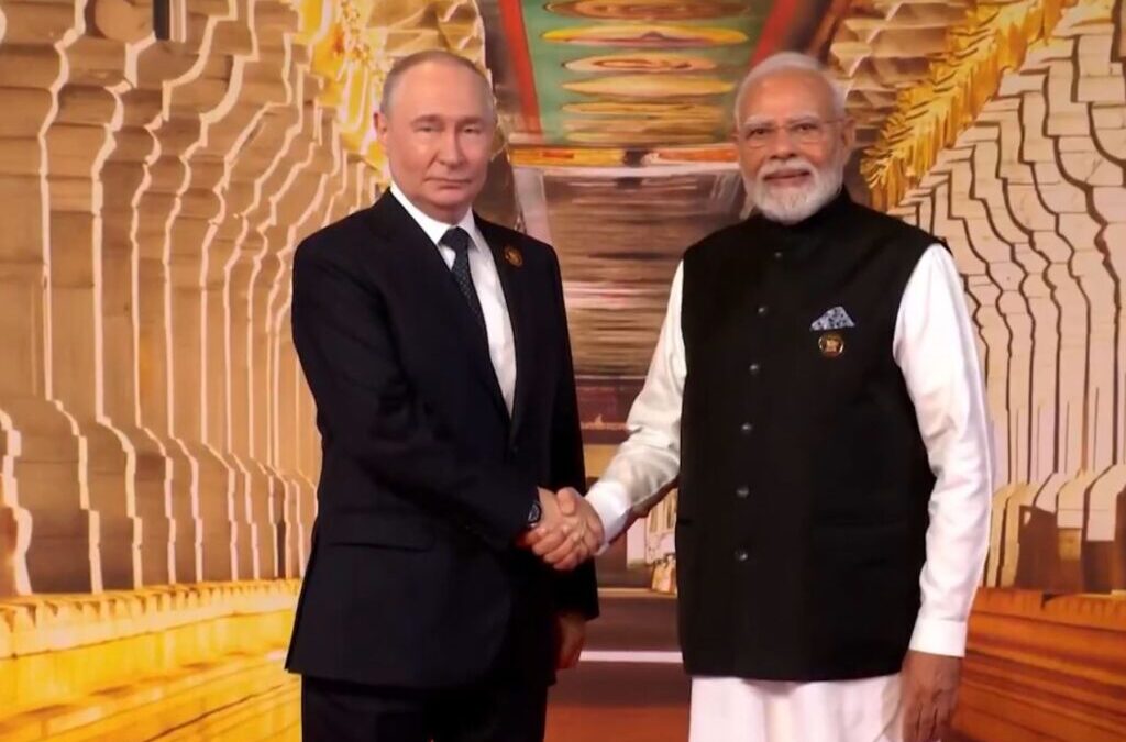 BRICS Summit: PM Modi Greets Putin at Bharat Mandapam